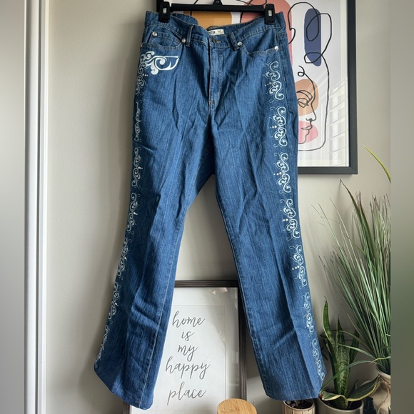 Y2K Jeanstar Blue Flare Wide Leg Jeans with Embroidery - Picture 1 of 6